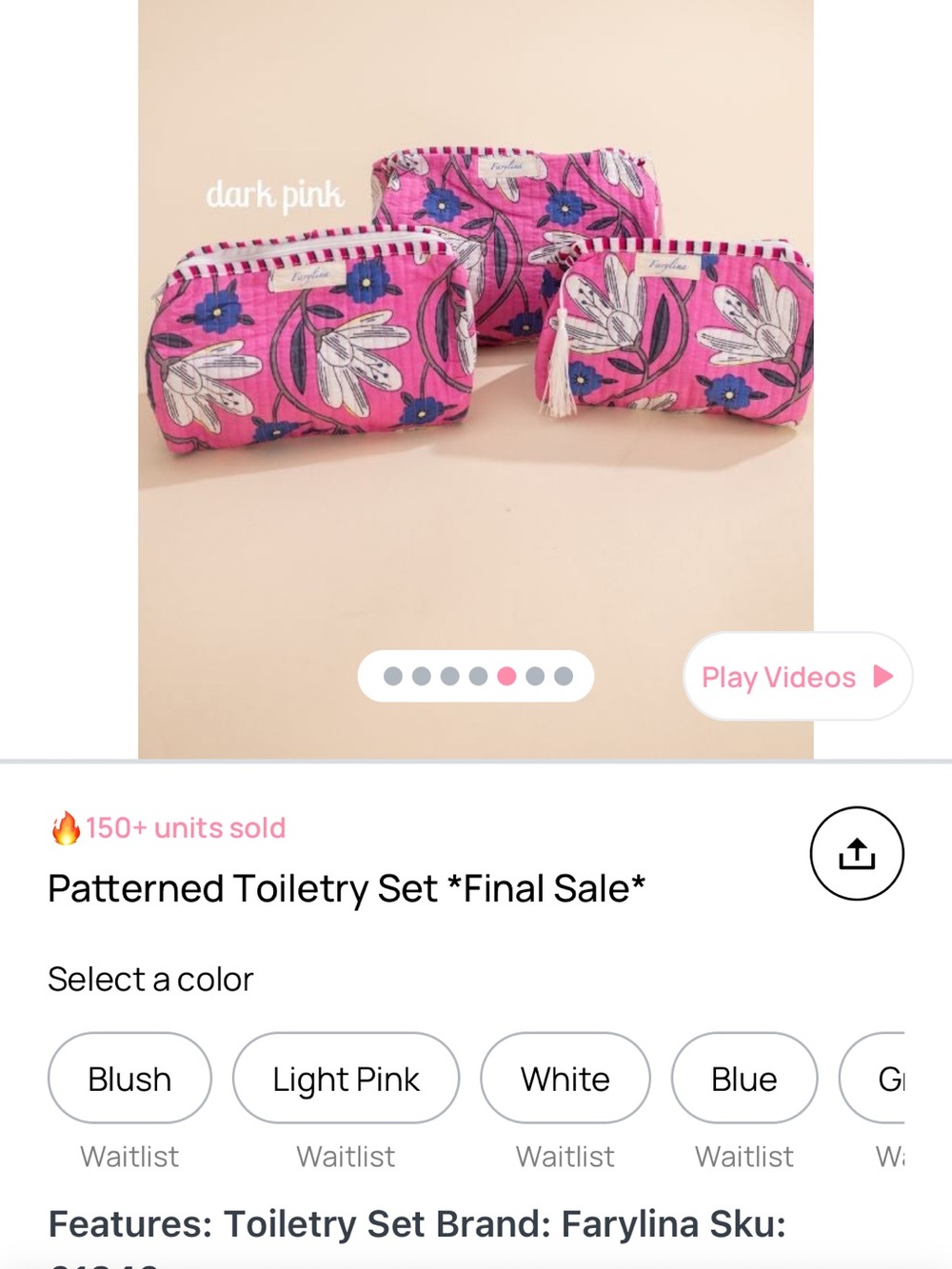 Fairylina pink never used Floral Patterned Toiletry Bag Set